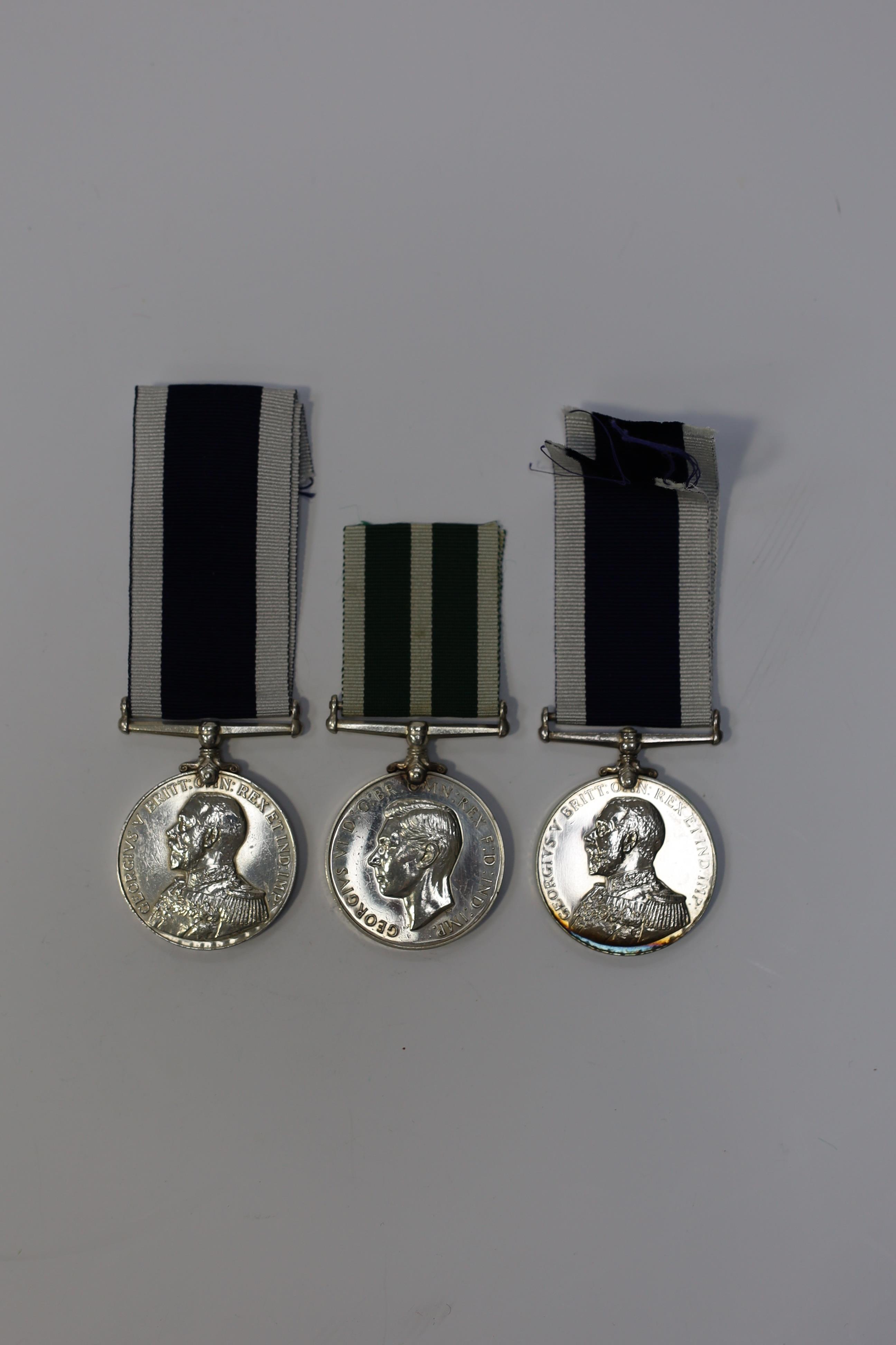 Three Naval LSGC medals; GV RNLSGC to 218949. S.H.Hasler.A.B. H.M.S.Pembroke.I.; GV RNLSGC to 351697 A.E.Day. S.B.P.O. H.M.S.Pembroke.; GVI RNRLSGC to 208. E.D. A.B.Jenkins.E.R.A. R.N.R. Condition - fair to good